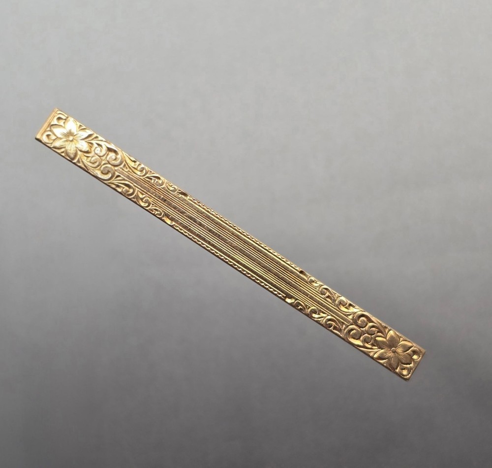 Late Victorian Bar Pin Brooch Gold Filled Floral Scroll Chased Antique Collar Ar
