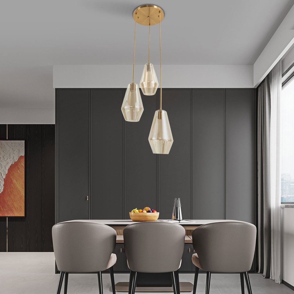 3-Light Modern LED Chandelier in Champagne Gold with Glass Shade