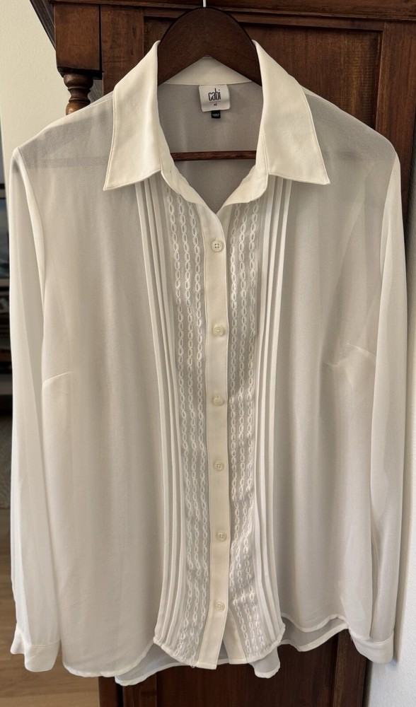Cabi Women's XL Blouse Button Up Sheer Office Clean Girl Classic Embroidery Luxe