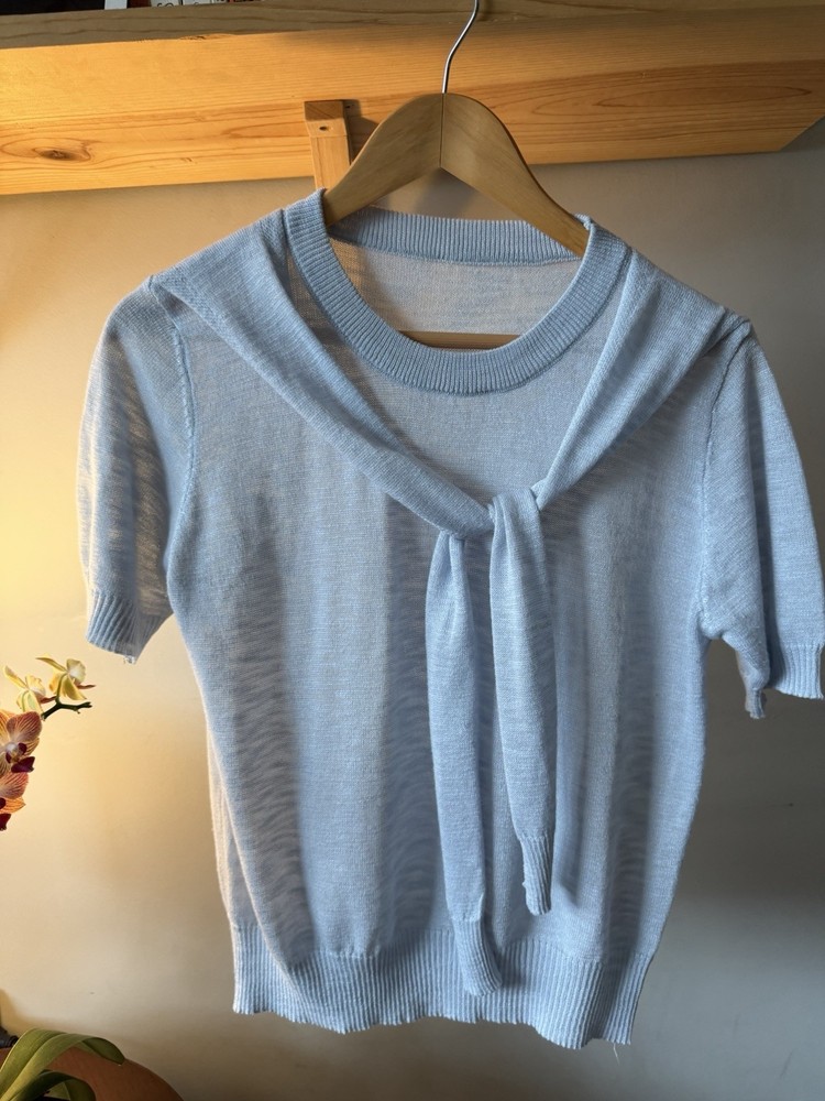 Women's Blue Lightweight Solid Knit Crew Neck Short Sleeve Tie Pullover Sweater
