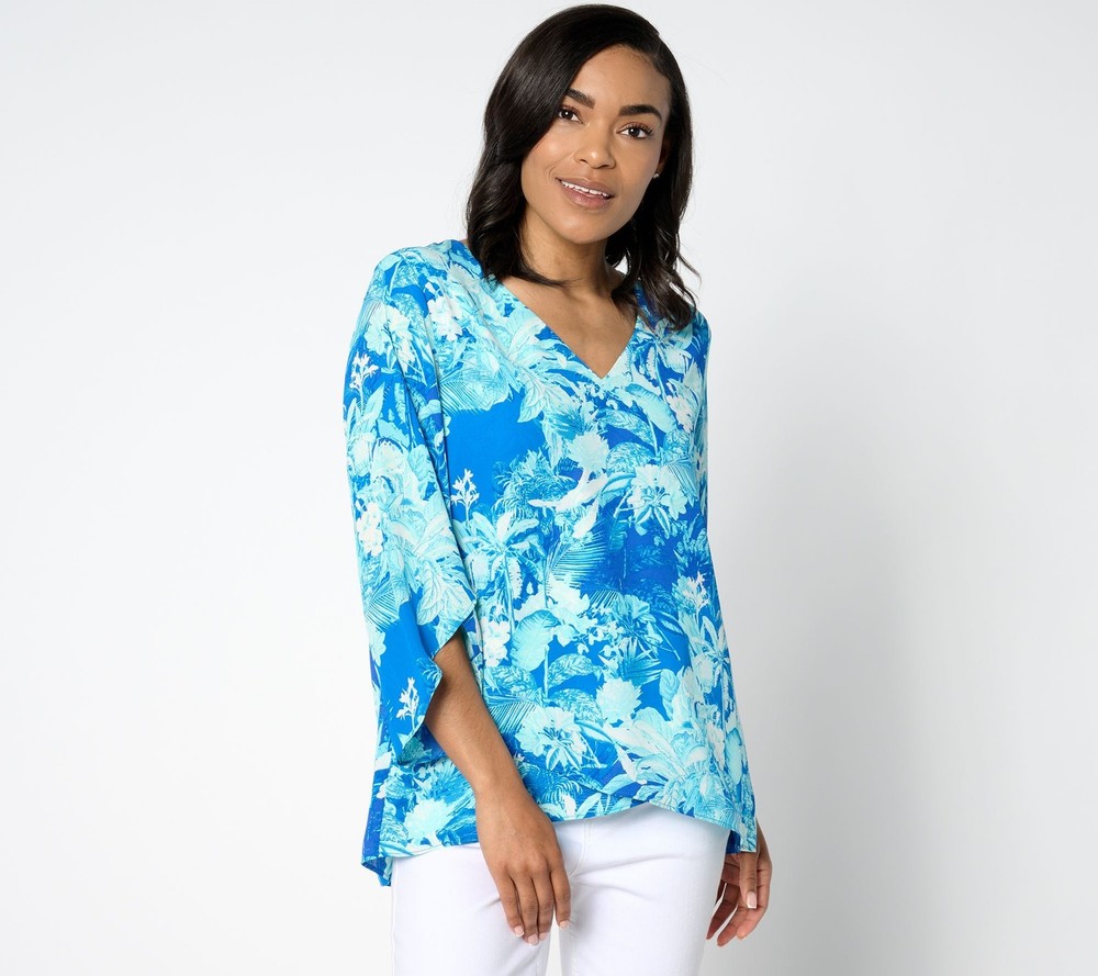 Maya J Women's Top Sz M Paradise Printed V-Neck Blouse Blue A668235