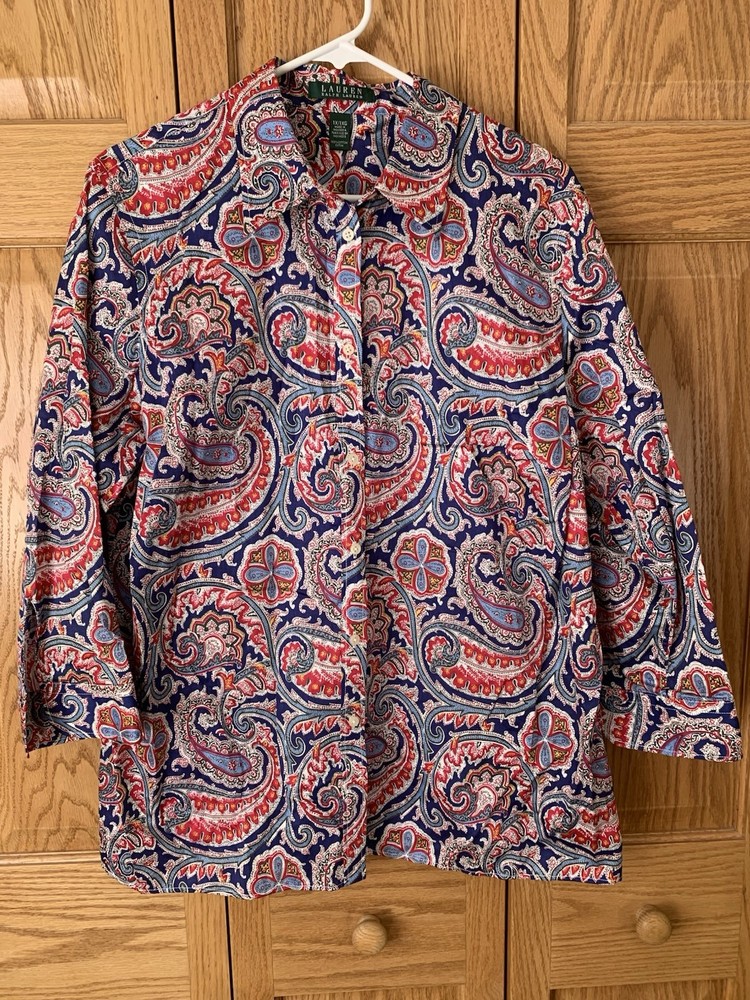 Ralph Lauren Women's Paisley Print 3/4 Sleeve Button Up Cotton Blouse, Size 1X