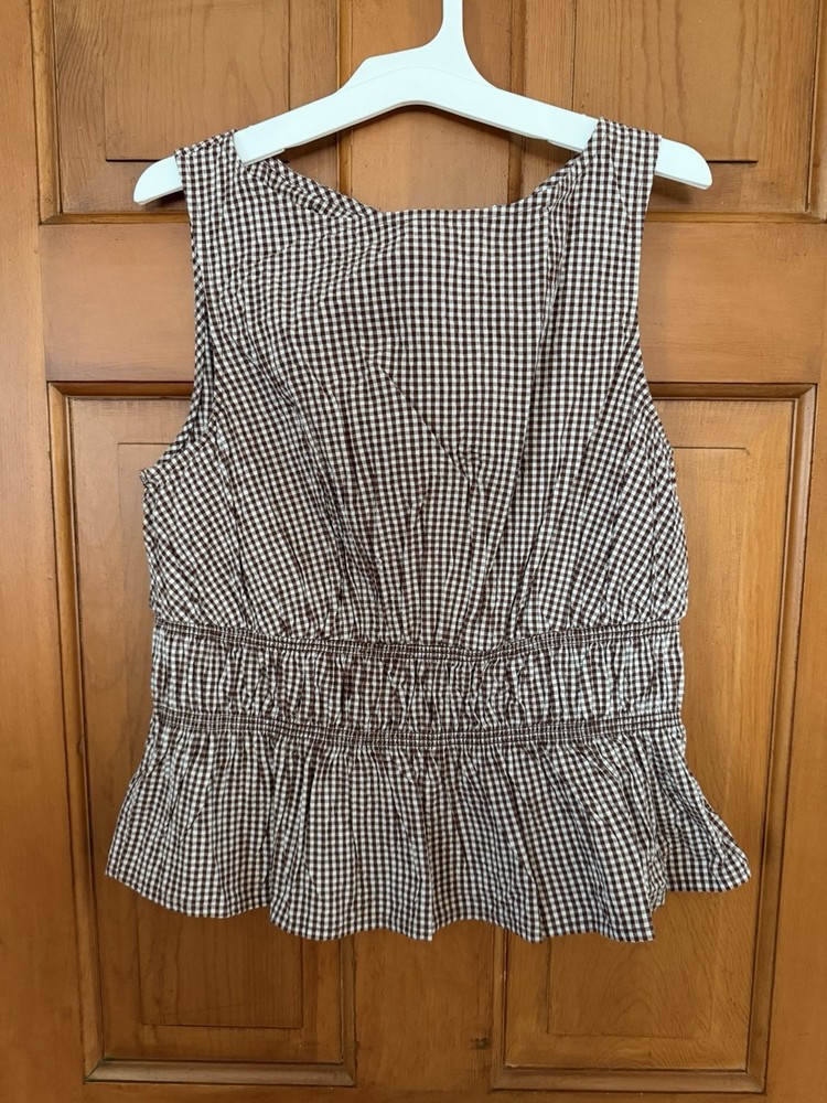Women’s A New Day Brown Gingham Seersucker Peplum Sleeveless Top Size Medium NWT