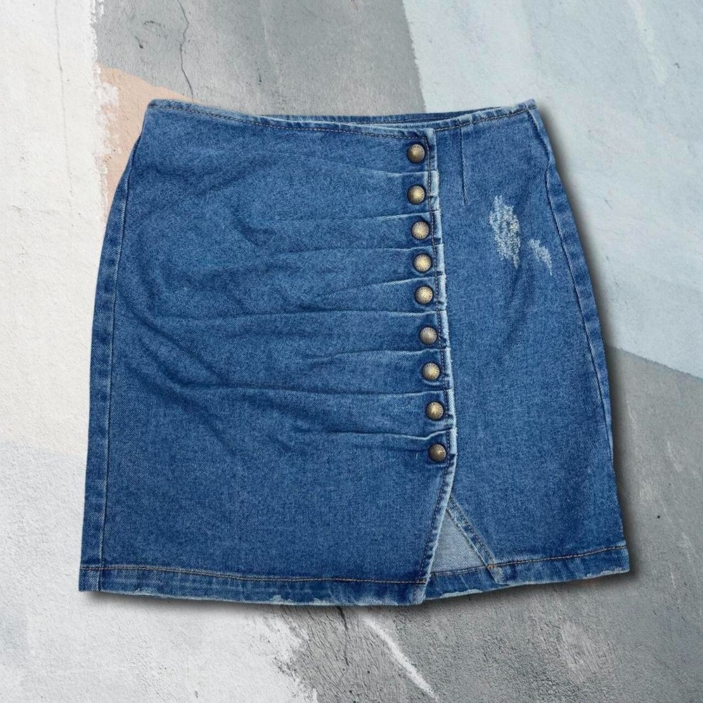 NWOT Retrofête Willa Ruched Denim Mini Jean Skirt Distressed Button Detail Sz XS