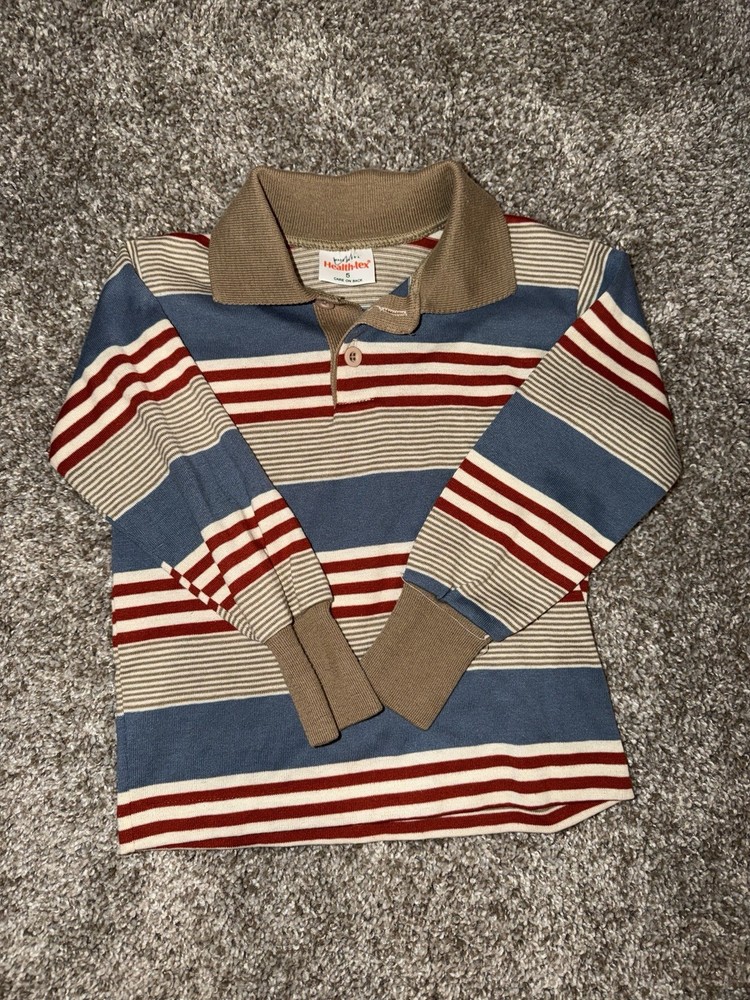 Vintage Healthtex Boys Polo Size 5 Red Blue And Tan Stripes Long Sleeve