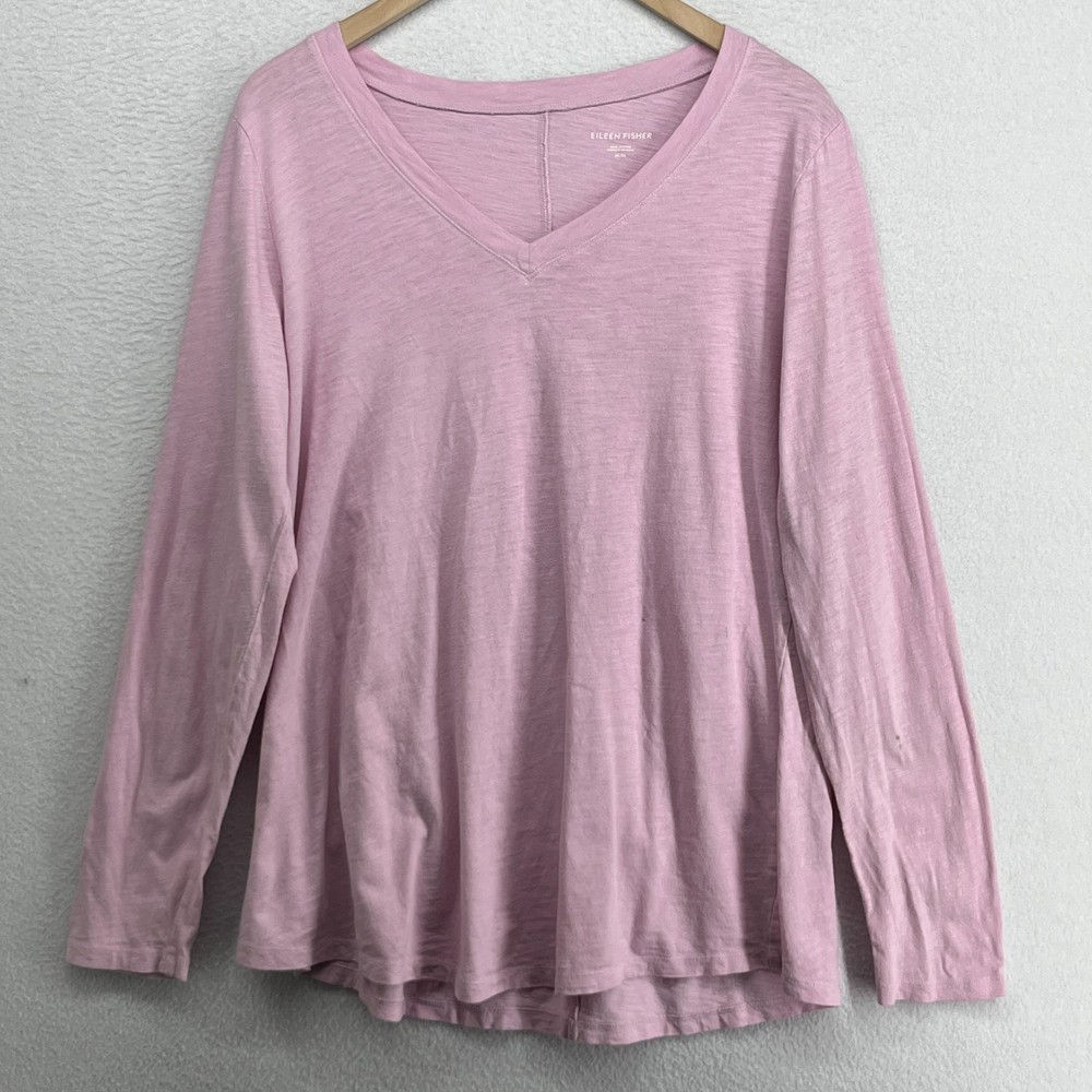 EILEEN FISHER Top M Slub Organic Cotton Jersey V-Neck Long Sleeve Pink
