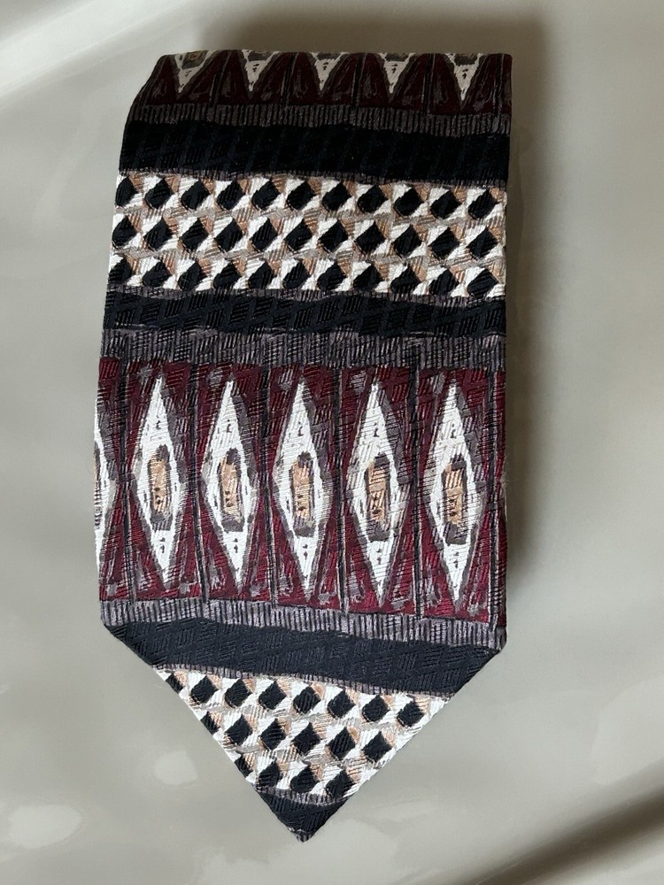 Argyle Geometric Handmade Silk Necktie in Black White Burgundy USA