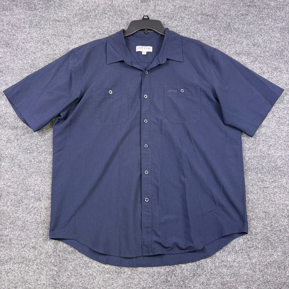 Orvis Mens XL Navy Blue Short Sleeve Button Down Shirt Classic Collection Pocket