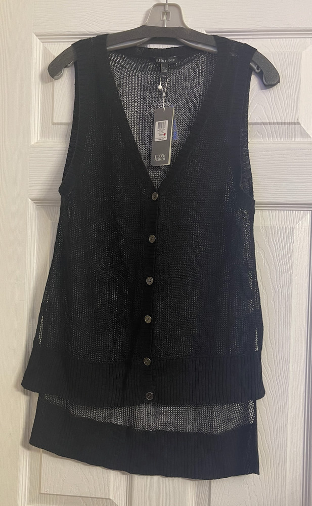 NWT $158 Eileen Fisher Black Organic Linen V-Neck Vest Medium