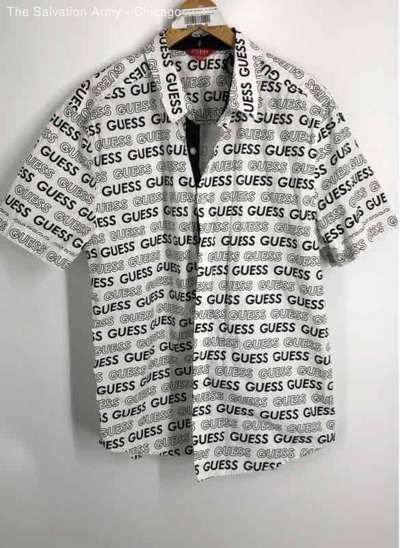 Guess Mens Black White Monogram Cotton Short Sleeve Button-Up Shirt Size M