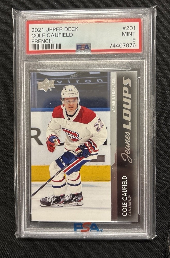 2021-22 UPPER DECK SERIES 1 COLE CAUFIELD JEUNES LOUPS PSA 9 MINT FRENCH YG’S