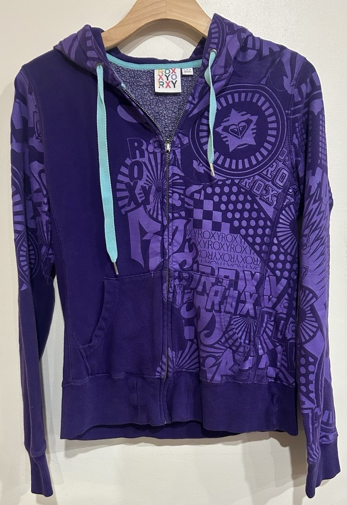Y2K Roxy Zip Up Logo Drawstring Hoodie Size Large Surfer Punk Skate Goth Purple