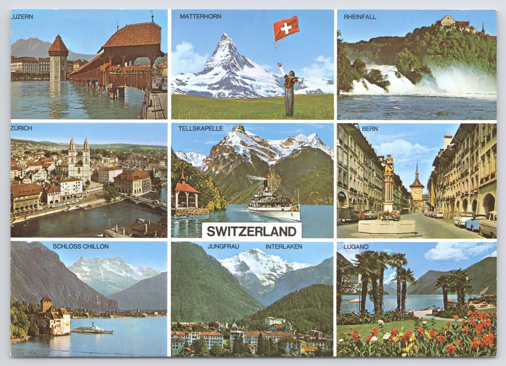 Foreign~Various Views Of Switzerland~Flag~Luzern~Matterhorn~Continental Postcard
