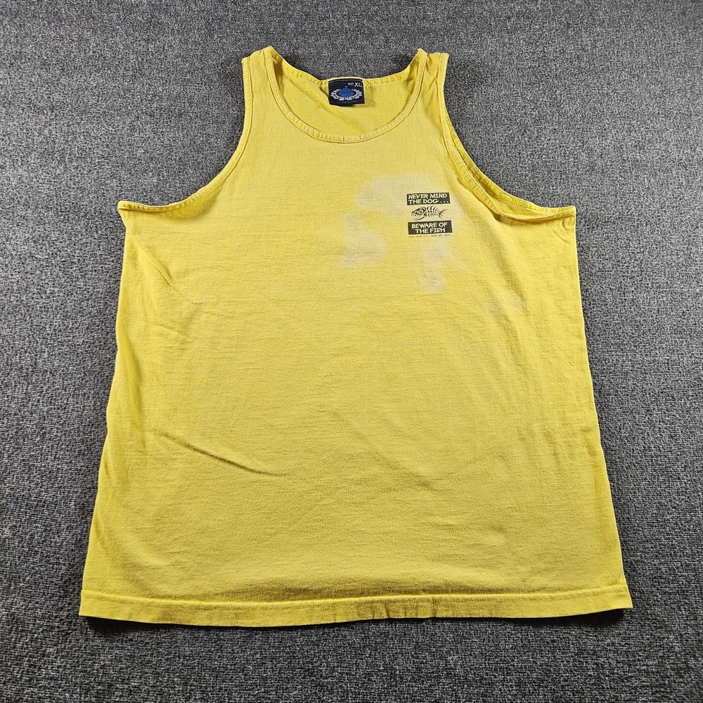 Blue Planet Surf Gear Shirt Mens XL Yellow Beware Fish Tank Top Hawaii Surf 90s