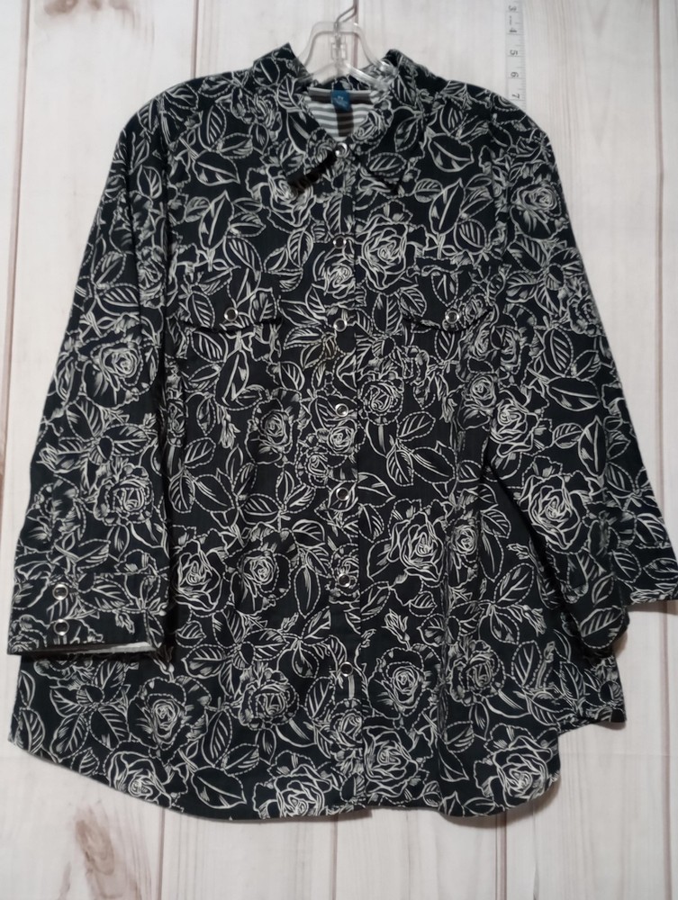 Karen Scott Womens 2X Black White Floral Cotton Button Up Long Sleeve Top