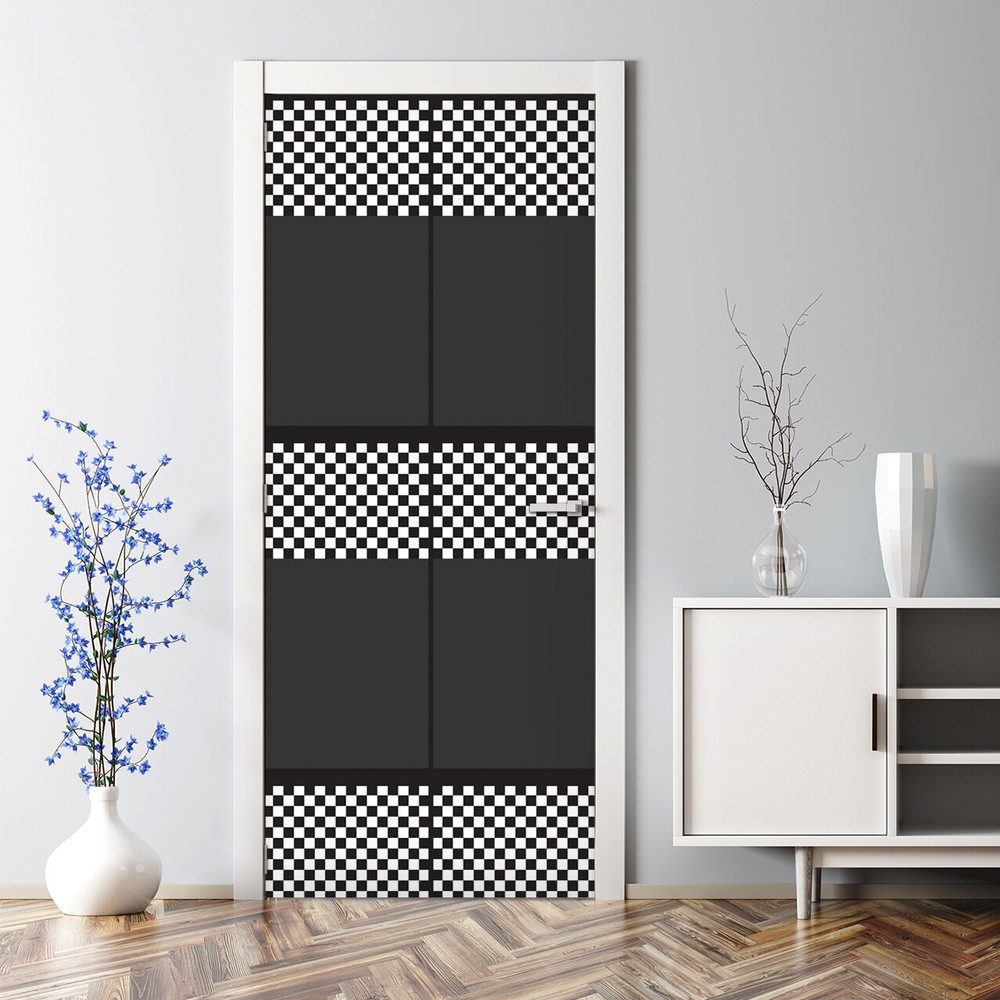 Dark Temporary Black and white Pattern Squares Adhesive Modern Door Decal