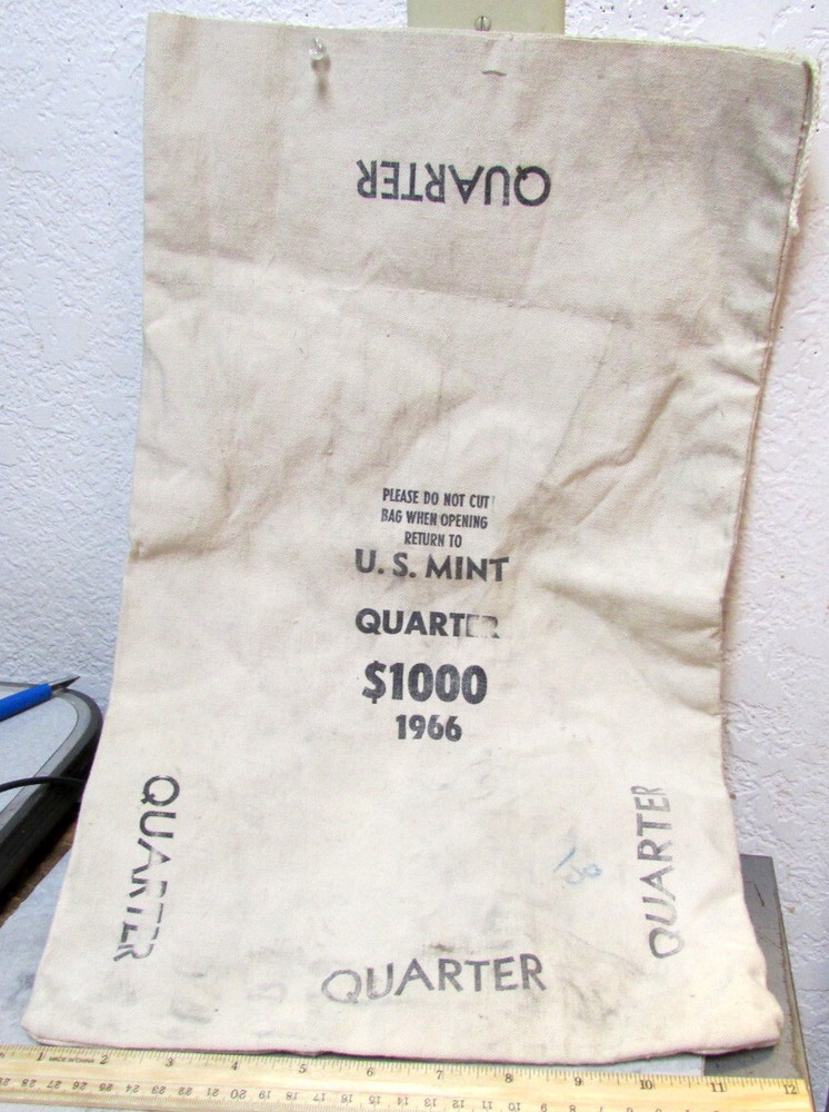 empty US Mint canvas bag $1000 quarters 1966, great man cave decor piece