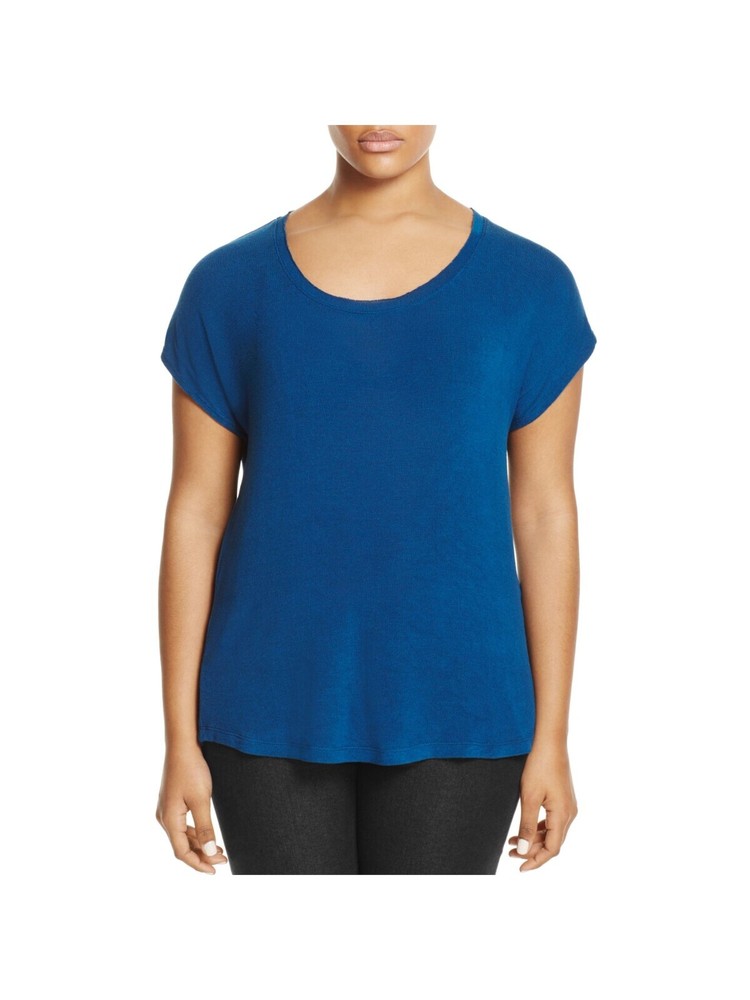 B COLLECTION Womens Blue Hi-lo Curved Back Hem Raw Neck Short Sleeve Top Plus 1X