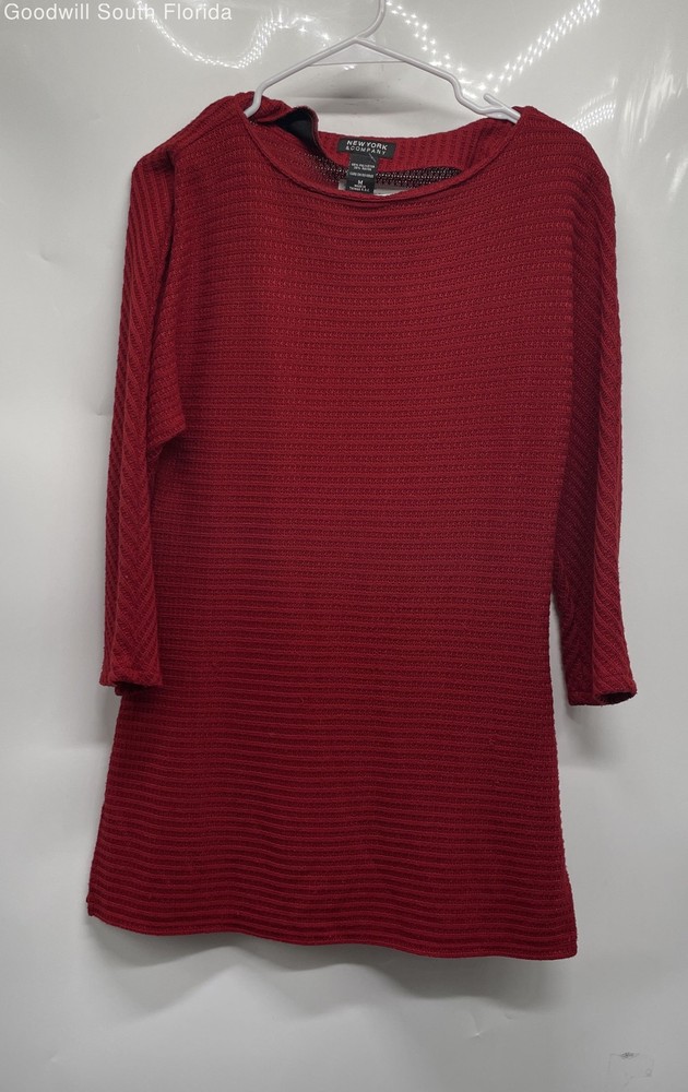 New York & Company Womens Red Knitted 3/4 Sleeve Boat Neck Tunic Sweater Size M