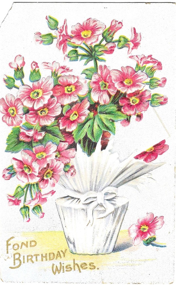 Vintage Greetings Postcard Embossed Fond Birthday Wishes Red Pink Flowers