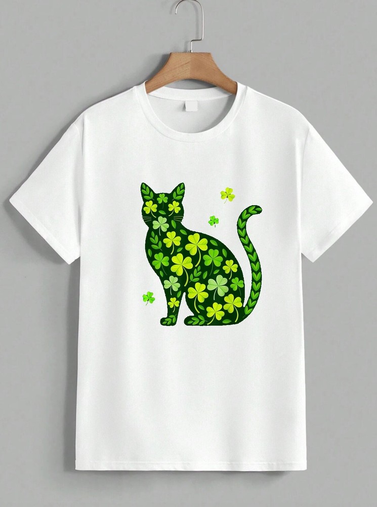 St Patricks Day Cat T-Shirt Shamrock Lucky Clover Graphic Kitty Tee Unisex
