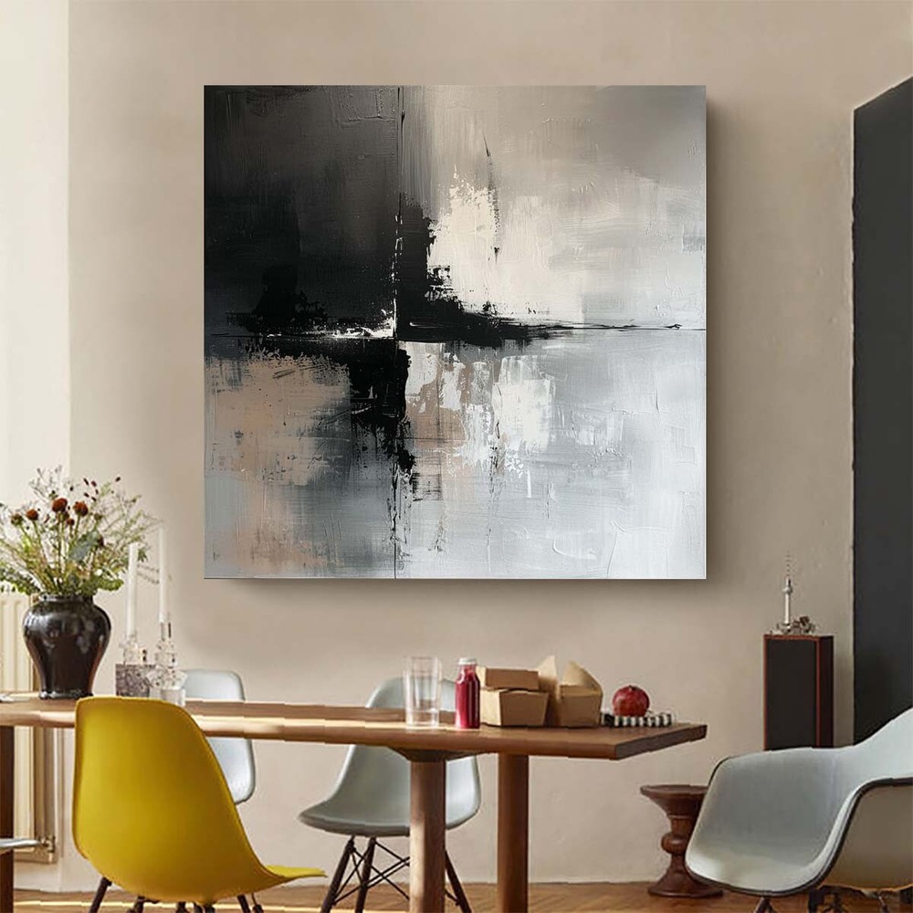 Black Modern Handmade Abstract Oil Painting on canvsa Living Room white Vistas