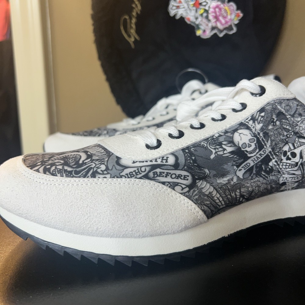 Ed Hardy Skull Sneakers Men's Black & White Hank Lace-up Size 9