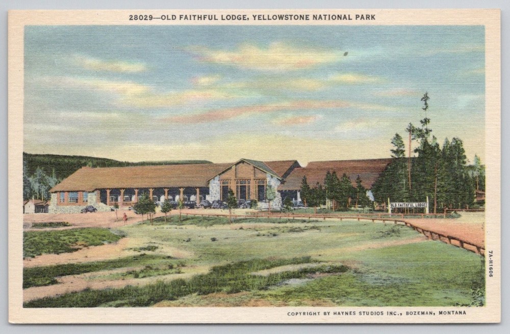 Old Faithful Lodge Yellowstone Park Curteich Linen Postcard Haynes Studios