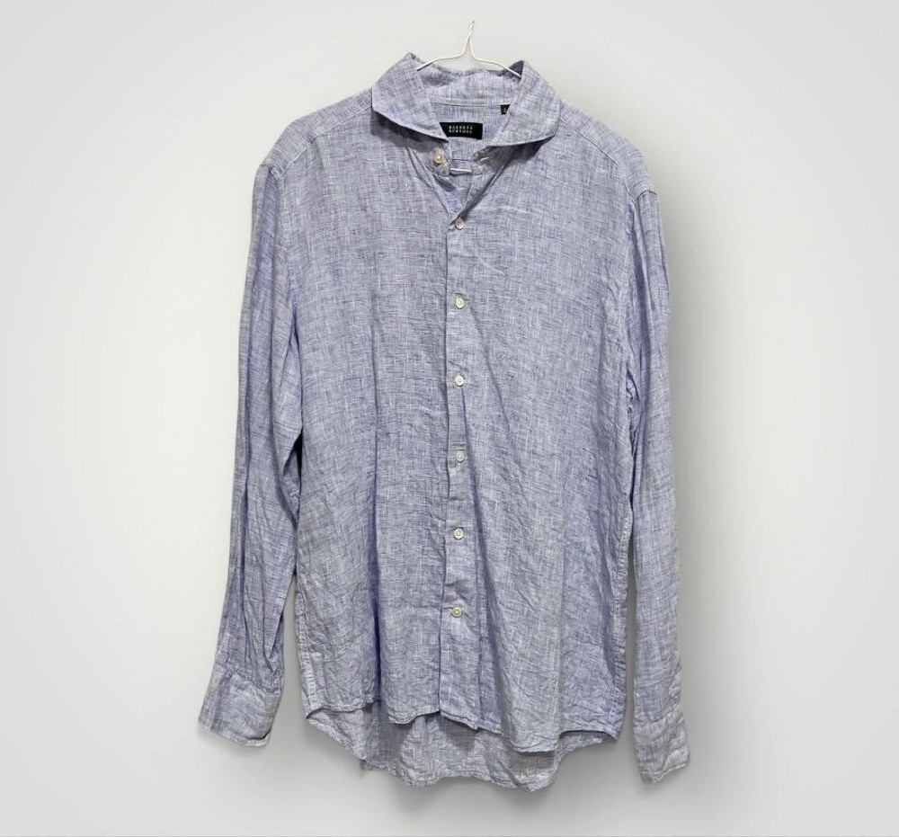 BARNEYS NEW YORK Linen Cutaway Shirt L Light Blue Made in Japan