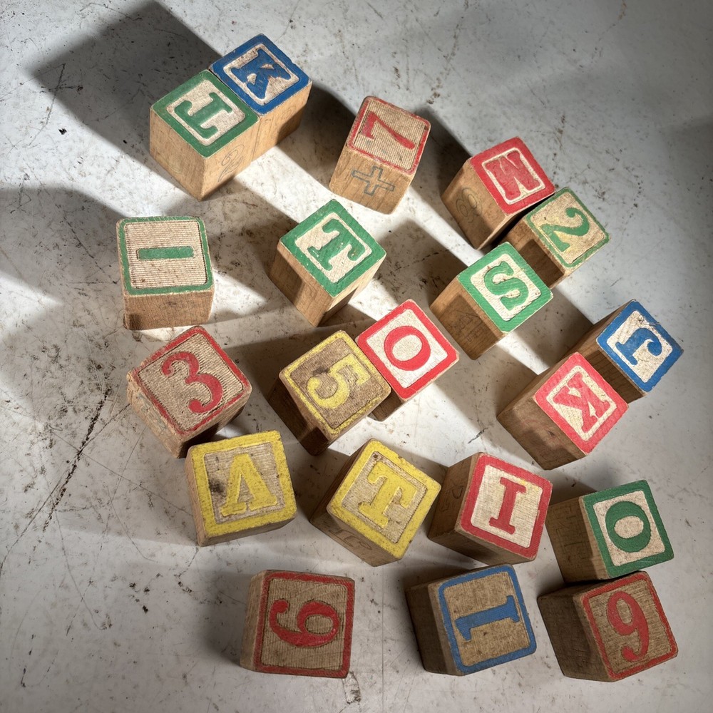 Vintage Lot of 20 Wood Alphabet Building Blocks Children's Wooden Letter Number