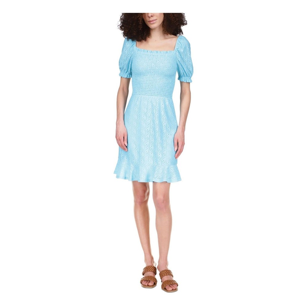 Michael Kors Women Turquoise Eyelet Stretch Jersey Smocked Peasant Dress Size XL