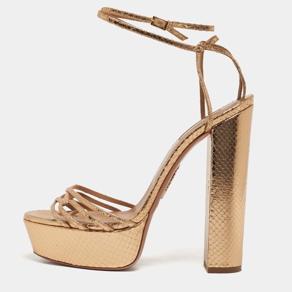 Aquazzura Austin Plateau Size 41 Gold Python Embossed Leather Platform Sandals