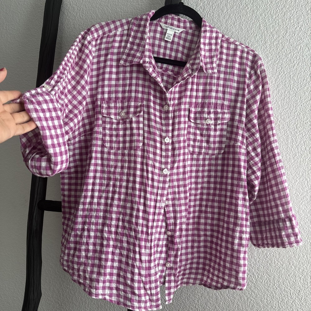 Womans Crot & Barrow Purple Plaid Button Up S 3/4 Sleeve