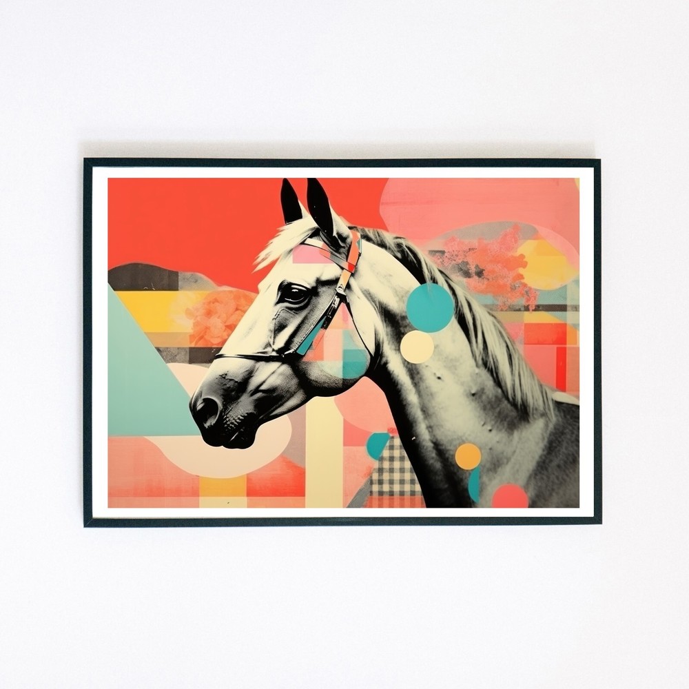 Abstract Pop Art Retro Horse Portrait Collage Illustration 7x5 Wall Decor Print
