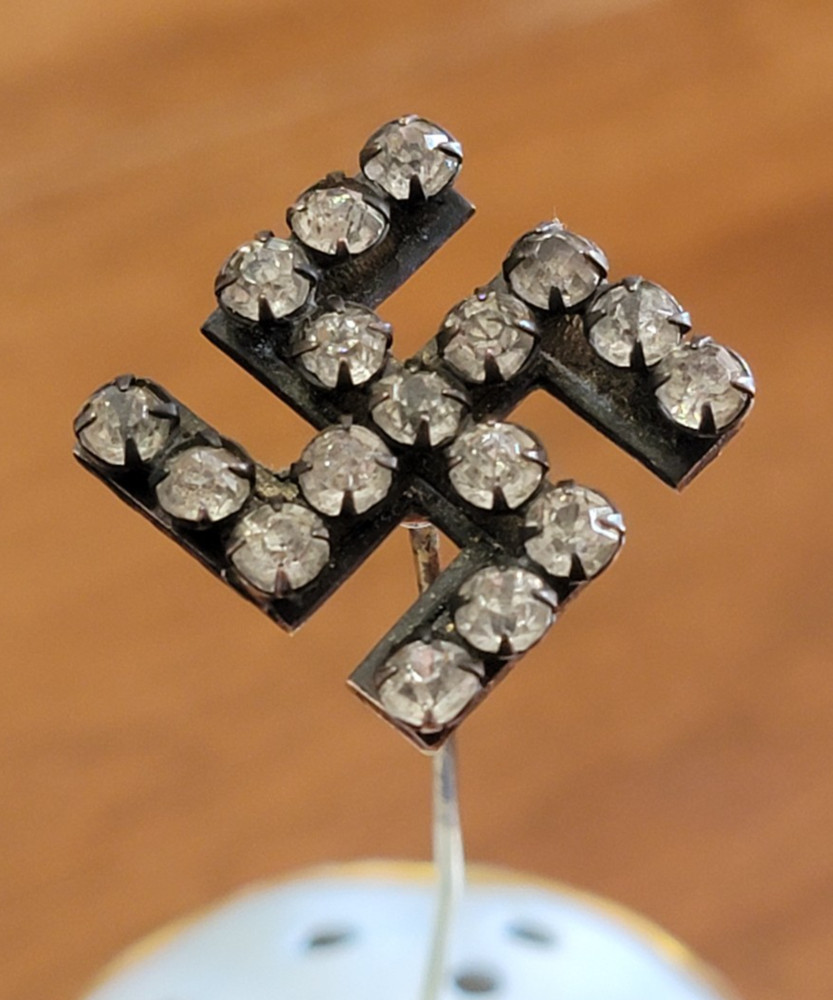 Antique HATPIN SWASTIKA 1900s GOOD LUCK Rhinestone/Brass Twirling/Swirling Logs