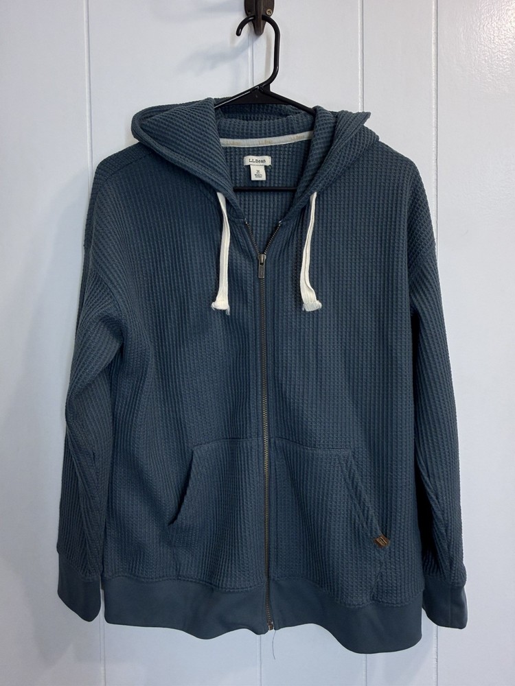 LL Bean Women's Blue Birchwood Brushed Hoodie Waffle Zip Sweatshirt Med Petite