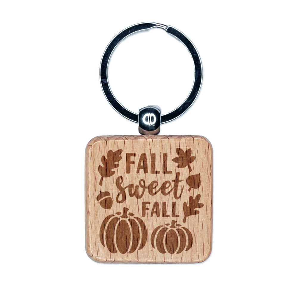 Sweet Fall Pumpkins Acorn Wood Engraved Square Keychain Charm  
