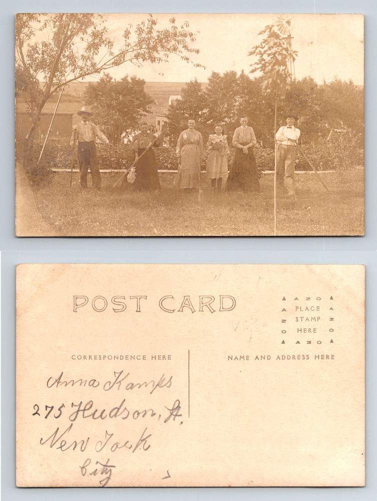 Family Group with Farming Implements Real Photo Postcard Vintage