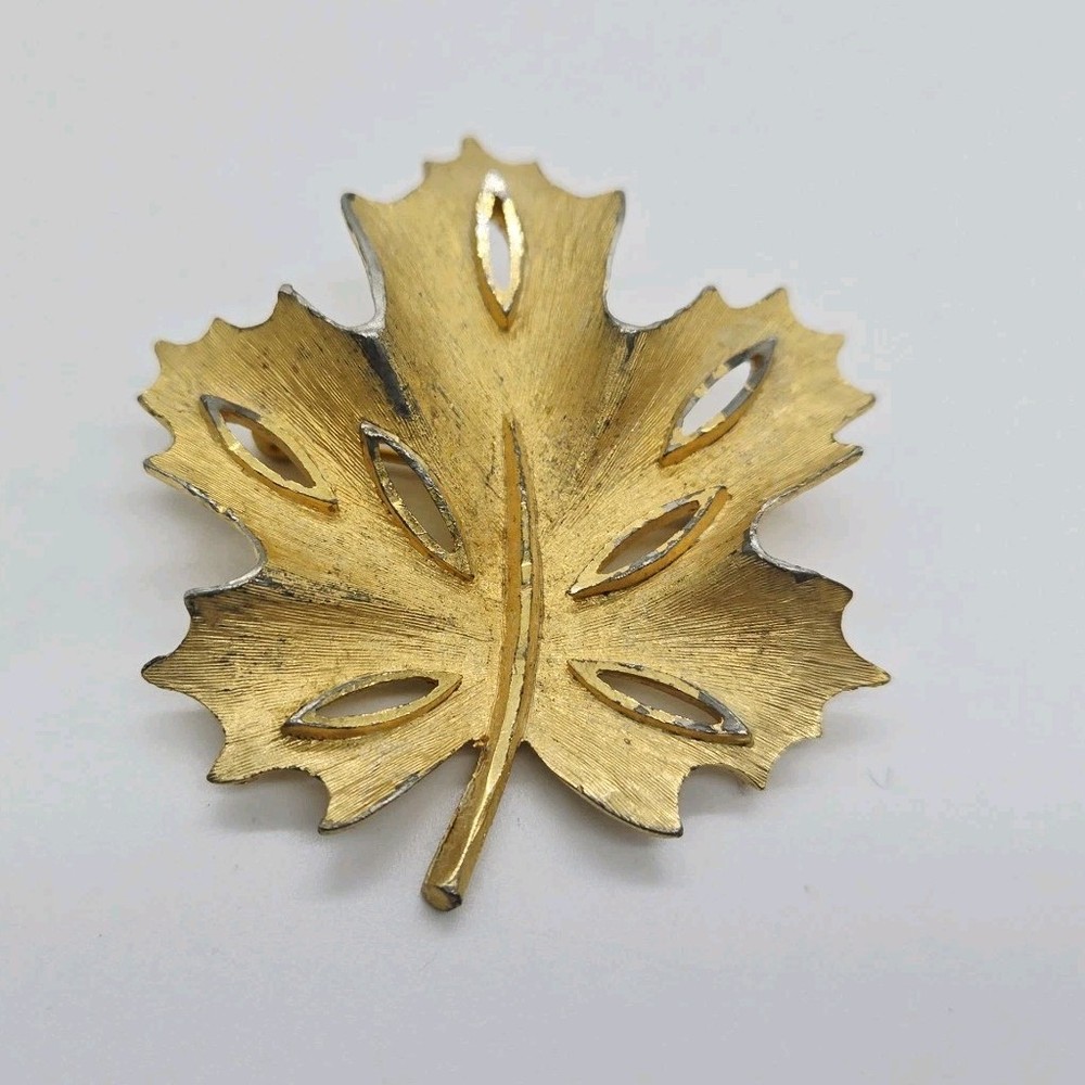 BSK Brushed Gold Tone Leaf Brooch Pin RARE Vintage