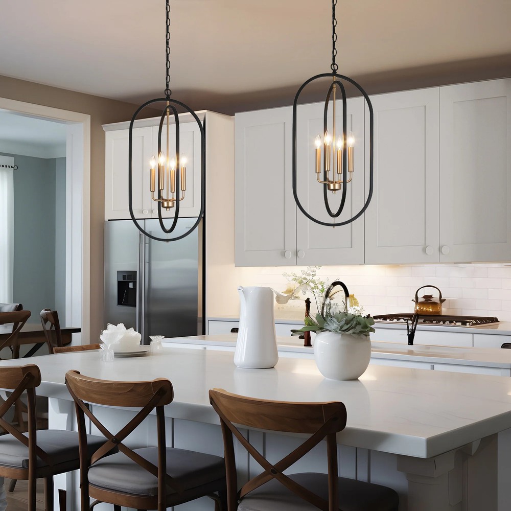 Modern Farmhouse Black Gold 4-Light Chandelier 14.5 Inch Metal Pendant Lighting