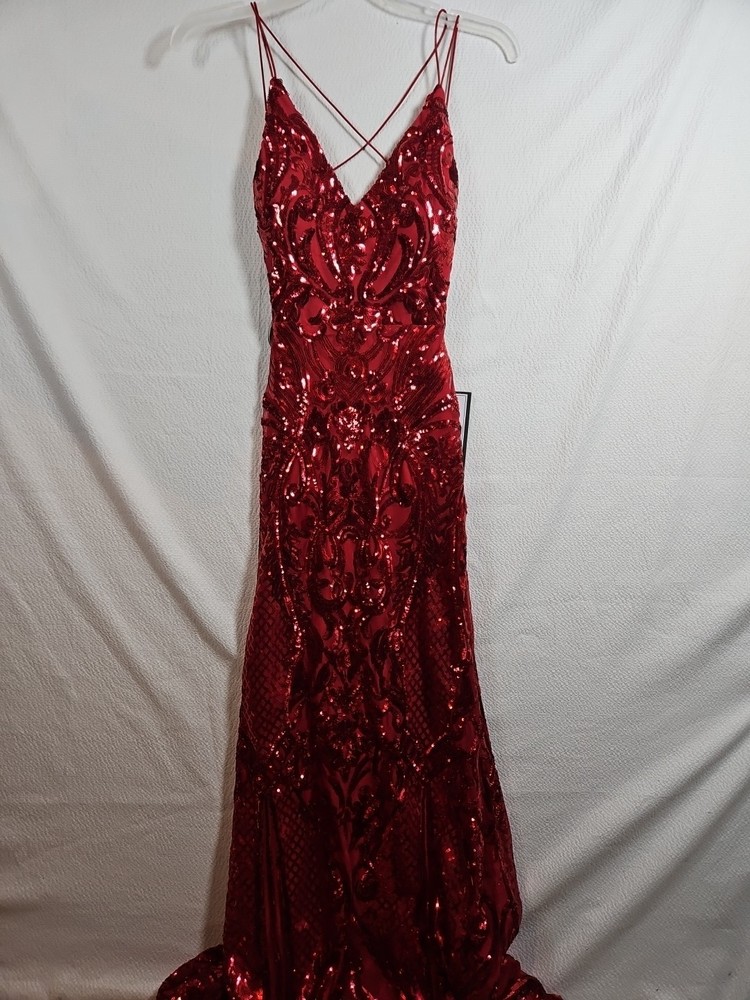 B. Darlin Juniors Strappy Sequined Evening Gown, Size 0, Red