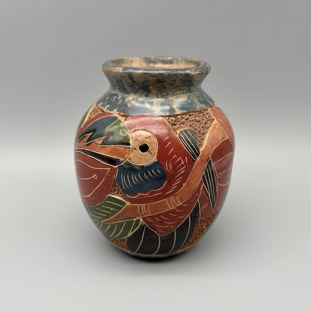 Hand Carved Nicaragua Folk Art Pottery Rainbow Toucan Bird 5