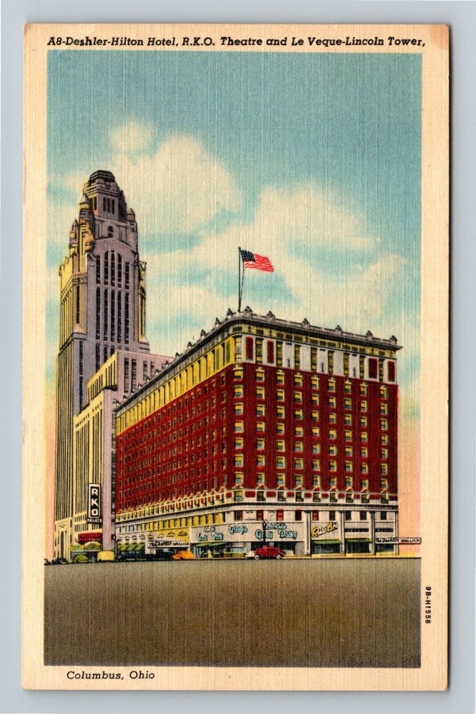 Columbus OH-Ohio, Deshler-Hilton Hotel, RKO Theatre, c1957 Vintage Postcard