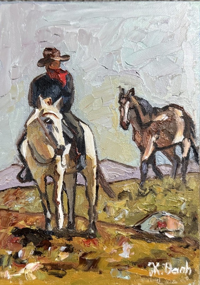 ORIGINAL OIL PAINTING WESTERN COWBOY LANDSCAPE ON STRETCH CANVAS SIGNED 5x7