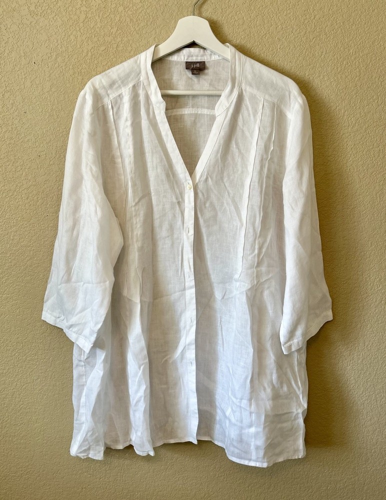 J. Jill Women's 100% Linen Tunic White Button Up Top Size XL 3/4 Sleeve Beach