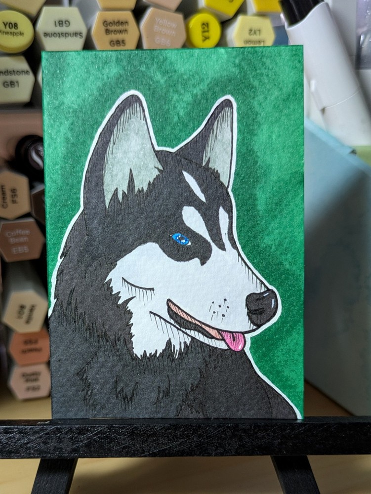 ACEO Original Art Card - Dog Black And White Husky On Green - 2.5in x 3.5in