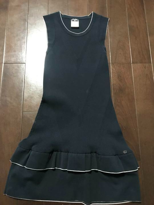 CHANEL Frill Sleeveless Knit Dress Women Black CC Mark