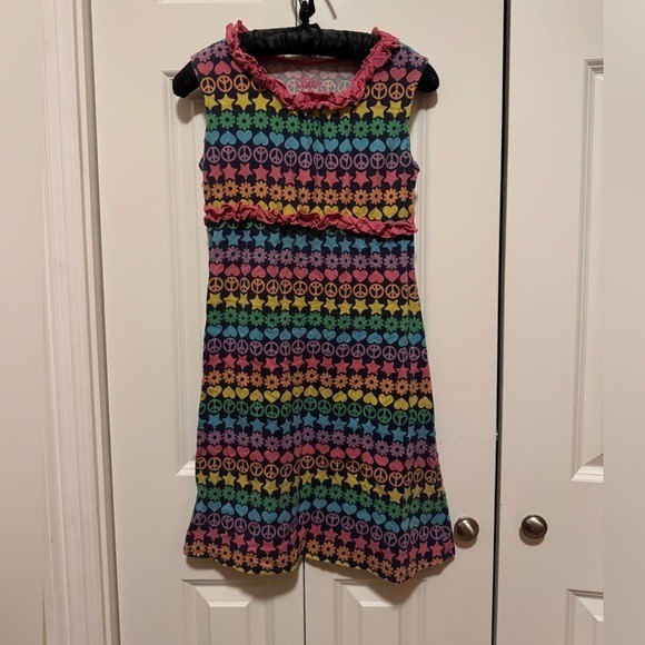 Girls 10/12 Pink Peace Sign Dress Y2K Retro Groovy Summer Stretch
