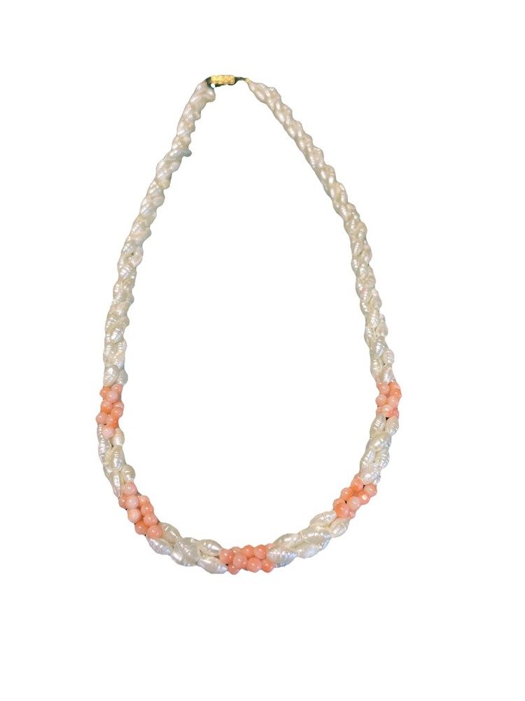 Vintage Genuine Fresh Water Rice Pearls & Coral Three-strand Necklace-18”