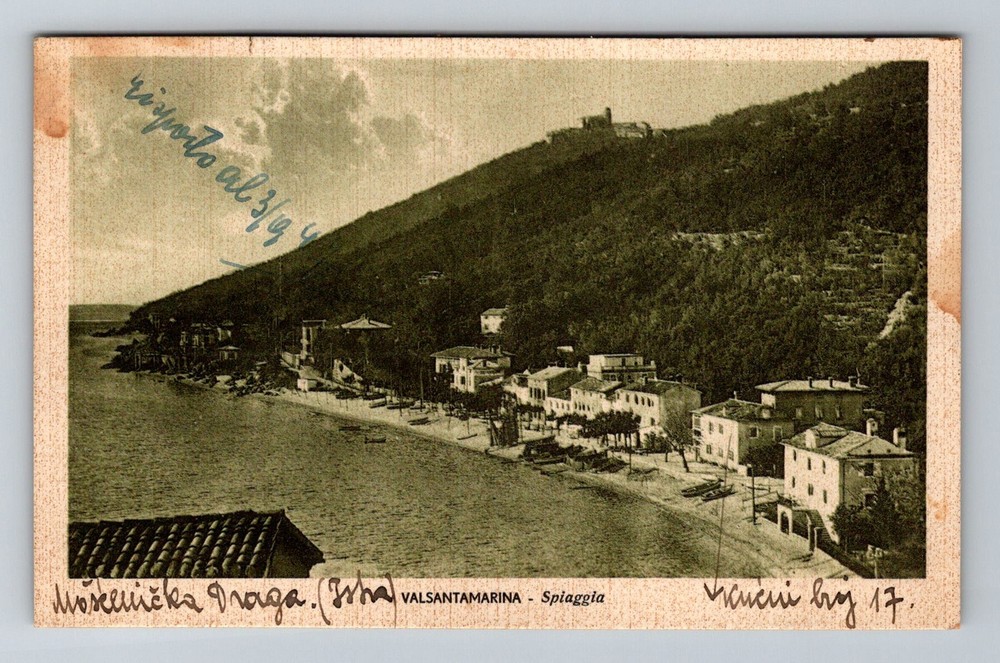 Italy- Spiaggia Valsantamarina Beach & Port Town Postal Old PC Vintage Postcard